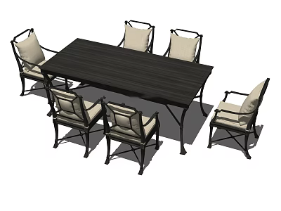 Black Rectangular Dining Table Set With Six Chairs And Light Cushions 3d model