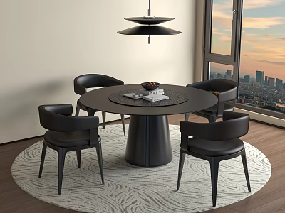 Modern Round Black Dining Table With Four Black Chairs Pendant Light Rug And City View 3d model