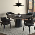 Modern Round Black Dining Table With Four Black Chairs Pendant Light Rug And City View