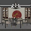 Chinese Restaurant Interior Design With Circular Red Wall Plum Blossom Chandelier And Wooden Bookshelves