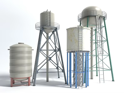 Various Industrial Storage Tanks With Metal Support Towers And Access Ladders 3d model