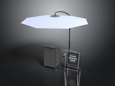 White Outdoor Umbrella Stand With Gray Storage Cabinet And Transparent Design Signboard 3d model