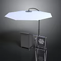 White Outdoor Umbrella Stand With Gray Storage Cabinet And Transparent Design Signboard