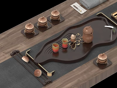 Modern Copper Tea Set With Wooden Tray Teapot And Teacups On Tabletop 3d model
