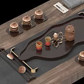 Modern Copper Tea Set With Wooden Tray Teapot And Teacups On Tabletop