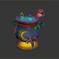 Decorative Magic Cauldron with Blue Body Red Lid Green Vines Moon Pattern and Yellow Flames