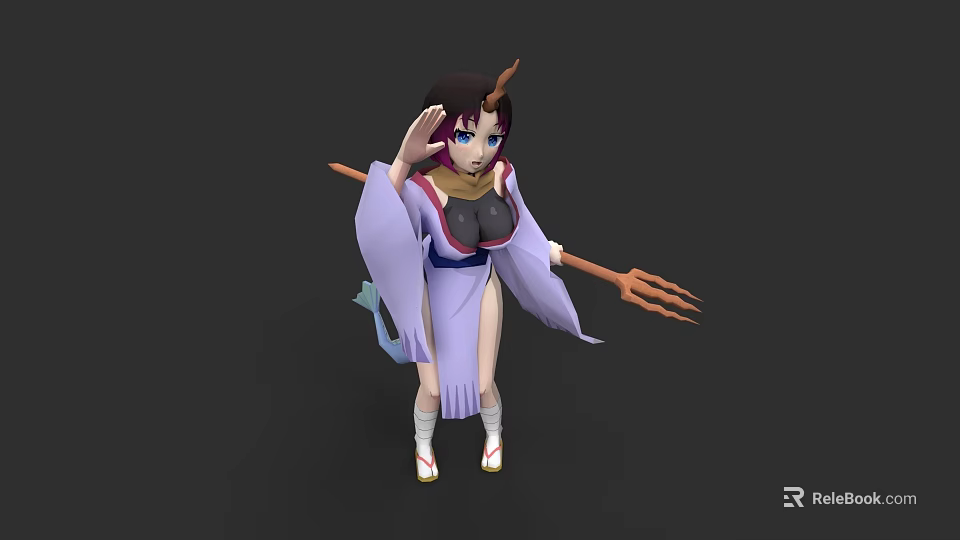 Woman in Purple Kimono With Dark Hair Horns Blue Eyes and Trident 3d model 