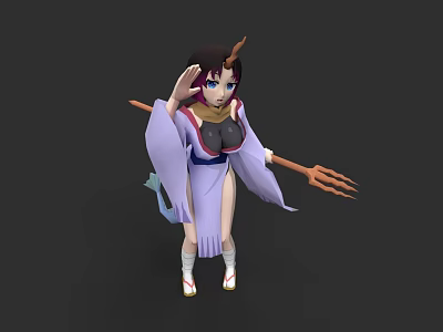 Woman in Purple Kimono With Dark Hair Horns Blue Eyes and Trident 3d model