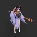 Woman in Purple Kimono With Dark Hair Horns Blue Eyes and Trident