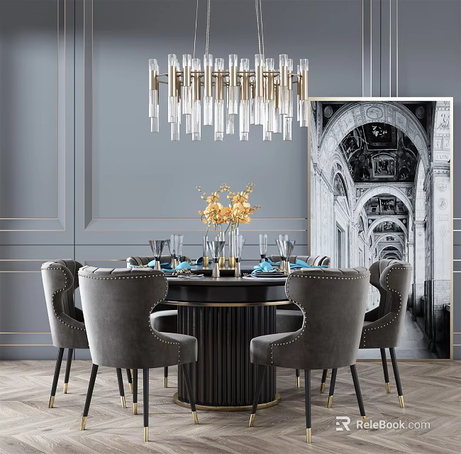 Luxurious Dining Table Set Featuring Round Black Table Gray Velvet Chairs Crystal Chandelier And Artwork 3d model 
