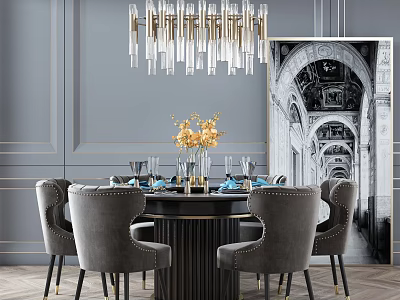 Luxurious Dining Table Set Featuring Round Black Table Gray Velvet Chairs Crystal Chandelier And Artwork 3d model