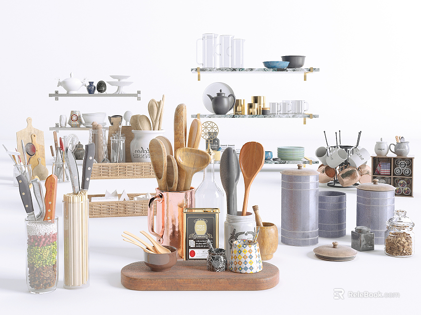 Essential Kitchen Utensils With Knives Spoons Jars Wooden Tools And Shelves 3d model 