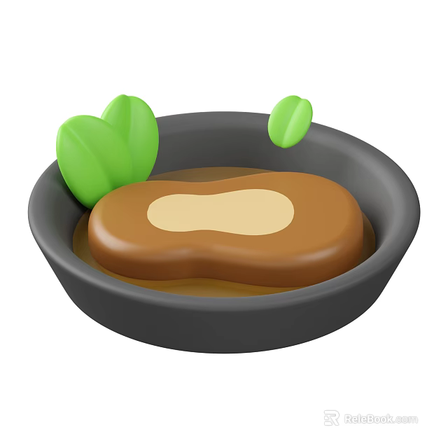 Delicious Brown Food Piece Served in Black Bowl with Sauce and Green Leaves 3d model 