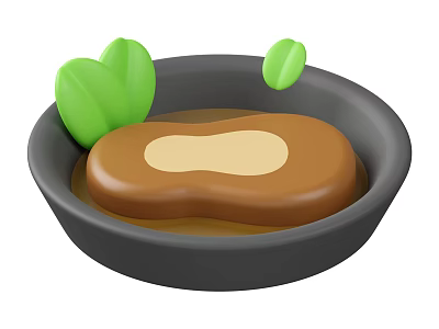 Delicious Brown Food Piece Served in Black Bowl with Sauce and Green Leaves 3d model