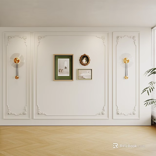 Ornate White Background Wall with Decorative Moldings Framed Artworks Round Mirror and Wall Sconces 3d model 