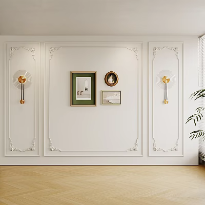Ornate White Background Wall with Decorative Moldings Framed Artworks Round Mirror and Wall Sconces 3d model