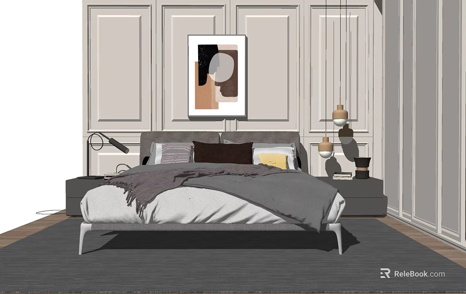 Modern Double Bed With Decorative Painting Bedside Tables And Table Lamps On Rug 3d model 
