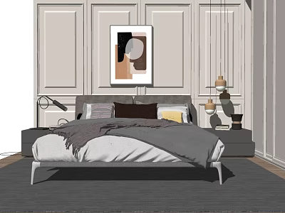 Modern Double Bed With Decorative Painting Bedside Tables And Table Lamps On Rug 3d model