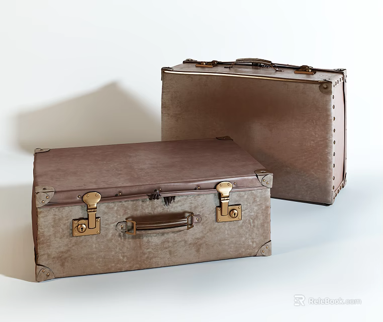 Vintage Leather Suitcases With Brass Locks And Rivet Details On White Surface 3d model 