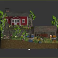 Cartoon Countryside Scene With Red House Barn Windmill Flowers And Wooden Crates