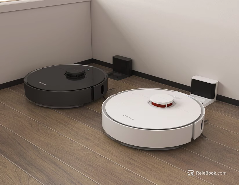 Smart Automatic Cleaning Robots Black And White On Wooden Floor With Charging Docks 3d model 