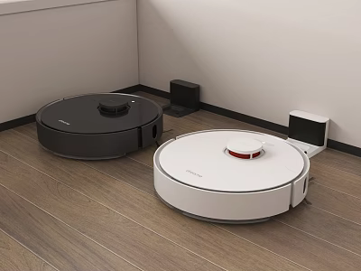 Smart Automatic Cleaning Robots Black And White On Wooden Floor With Charging Docks 3d model