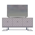 Stylish Modern TV Stand In Light Gray With Textured Panels Drawer Storage And Metal Legs