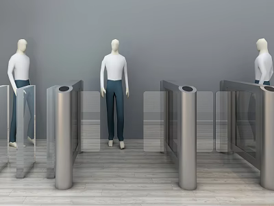 Public Facilities Metal Turnstiles With Transparent Barriers And Mannequins In Indoor Setting 3d model