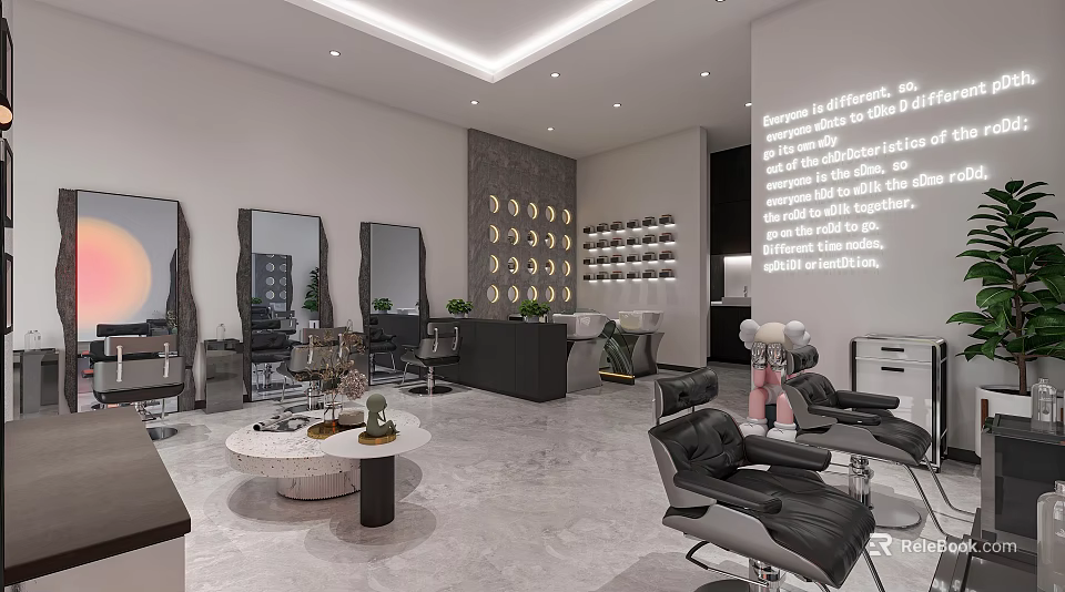 Modern Hair Salon Interior With Styling Chairs Mirrors And Round Wall Decor 3d model 