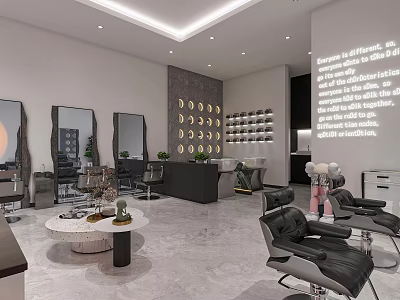 Modern Hair Salon Interior With Styling Chairs Mirrors And Round Wall Decor 3d model