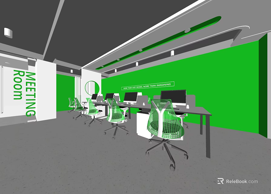 Modern Public Office Space With Green Walls Meeting Room Sign Desks And Computers 3d model 