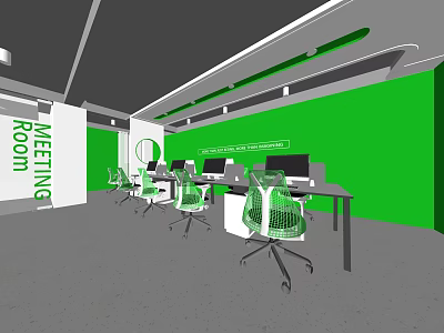 Modern Public Office Space With Green Walls Meeting Room Sign Desks And Computers 3d model