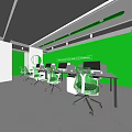 Modern Public Office Space With Green Walls Meeting Room Sign Desks And Computers