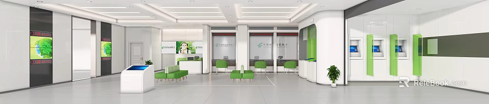 Modern Bank Interior Design With Green Chairs White Counters And Glass Partitions 3d model 
