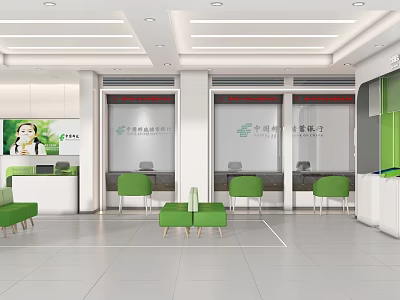 Modern Bank Interior Design With Green Chairs White Counters And Glass Partitions 3d model