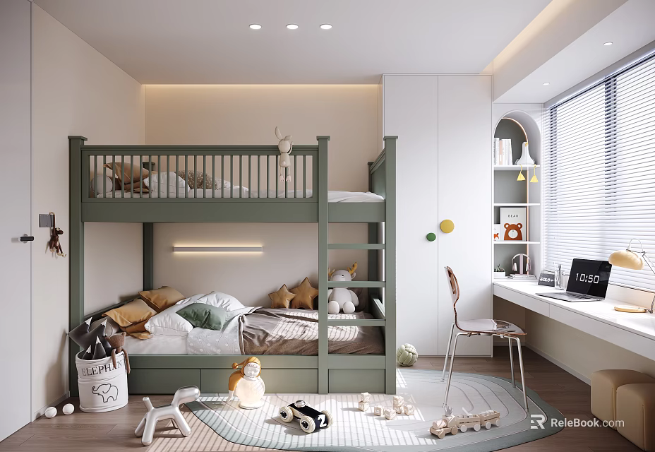 Cozy Children's Room With Green Bunk Bed Stuffed Toys Study Desk And Toy Cars 3d model 