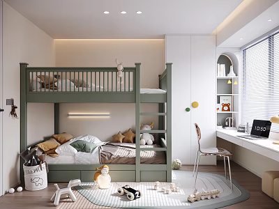 Cozy Children's Room With Green Bunk Bed Stuffed Toys Study Desk And Toy Cars 3d model