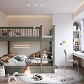 Cozy Children's Room With Green Bunk Bed Stuffed Toys Study Desk And Toy Cars