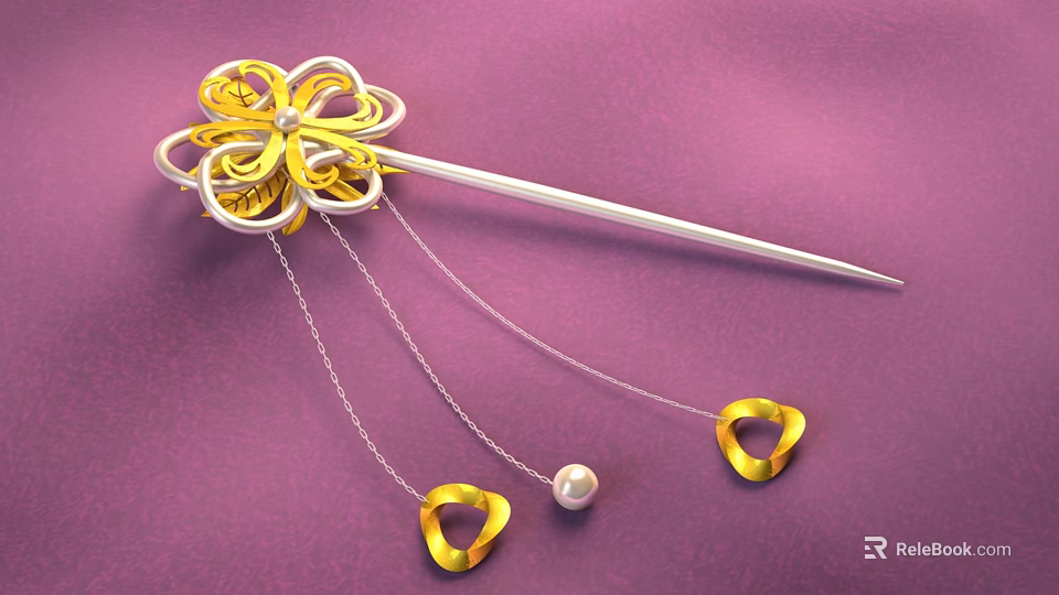Luxurious Gold Flower Hairpin With Silver Chains Gold Heart Decorations And Pearl On Purple Background 3d model 