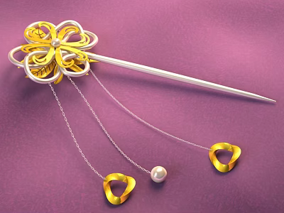 Luxurious Gold Flower Hairpin With Silver Chains Gold Heart Decorations And Pearl On Purple Background 3d model