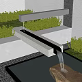 Sleek Water Fountain With Flowing Water Stone Structure And Green Plants Against White Wall