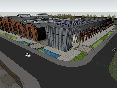 Modern Commercial Street With Traditional Archways Glass Curtain Walls Green Lawns And Water Features 3d model