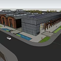 Modern Commercial Street With Traditional Archways Glass Curtain Walls Green Lawns And Water Features