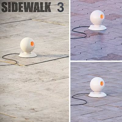 White Spherical Device With Orange Circular Light On Stone Floor And Black Cable 3d model