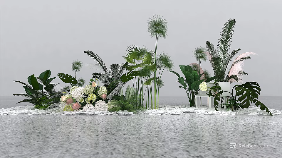 Lush Green Plants And Colorful Flowers By Water Surface With Pebbles And White Lantern 3d model 