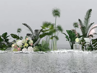 Lush Green Plants And Colorful Flowers By Water Surface With Pebbles And White Lantern 3d model