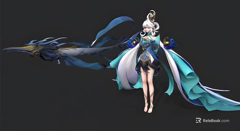 Ancient Style Woman With White Long Hair And Blue Flowing Ribbons Holding Decorative Spear 3d model 