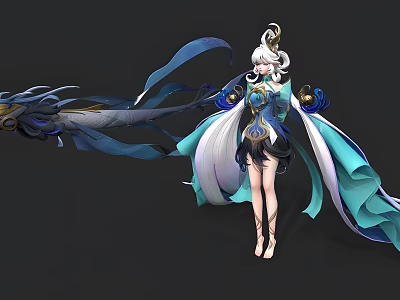 Ancient Style Woman With White Long Hair And Blue Flowing Ribbons Holding Decorative Spear 3d model