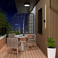 Roof Garden Night Sky With Stars Wooden Deck Interior Green Plants Counter And City View