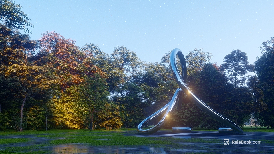 Curved Stainless Steel Sculpture in Outdoor Park with Green Trees and Shining Light 3d model 